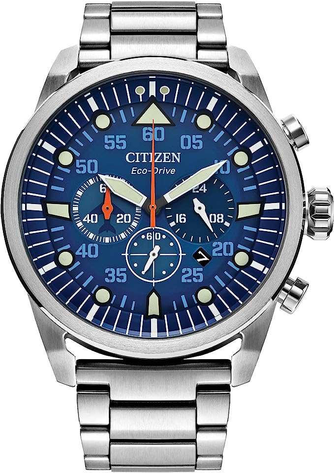 Citizen Mens Eco Drive Weekender Avion Chronograph Field Watch In Stainless Steel Blue Dial 9319